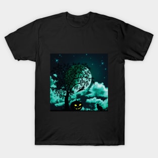 Halloween Cat Under Moonlight and Stars T-Shirt